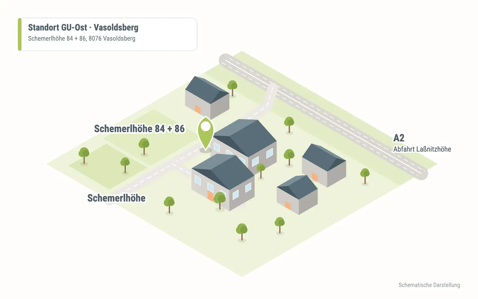 Schematische Karte: Schemerlhöhe 84 + 86, Vasoldsberg, nahe A2-Abfahrt Laßnitzhöhe